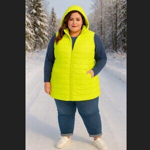 Torrid Packable Puffer Vest 4X 26 Yellow Hooded Full Zip Pockets Lightweight NWT